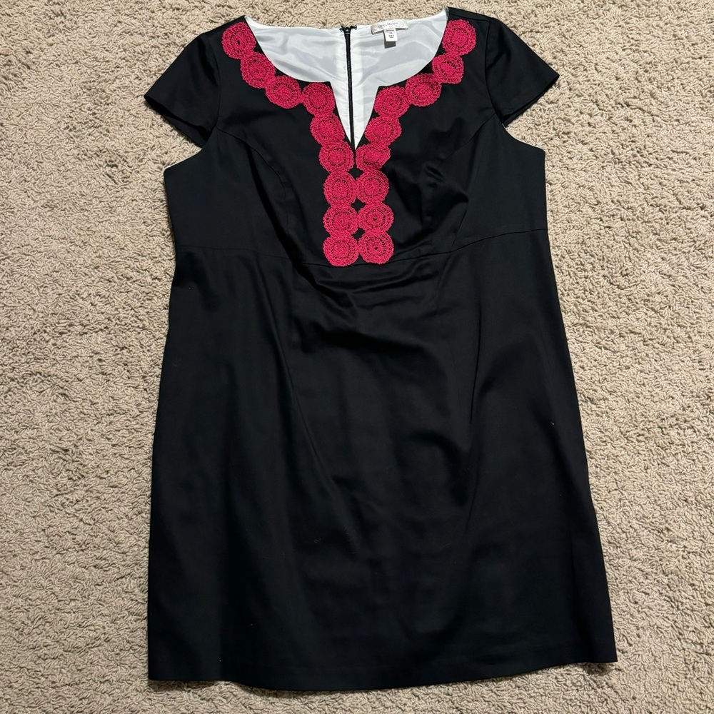 EUC Dress Barn black dress with hot pink appliques, sz 14 W